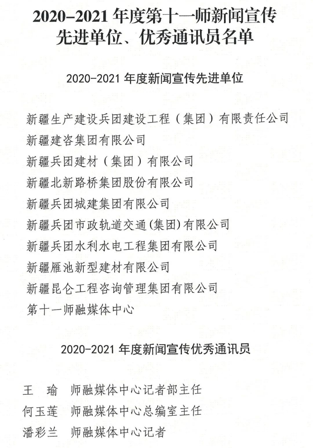2020—2021年度第十一师新闻宣传先进单位、优秀通讯员名单