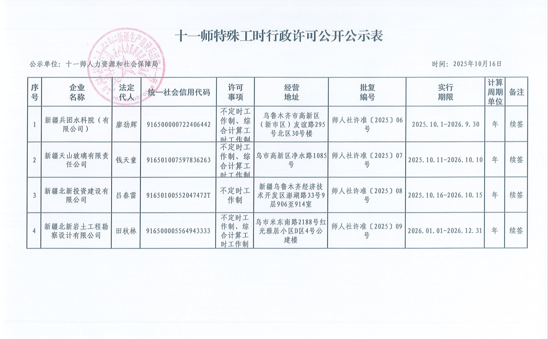 十一师关于特殊工时审批的公示
