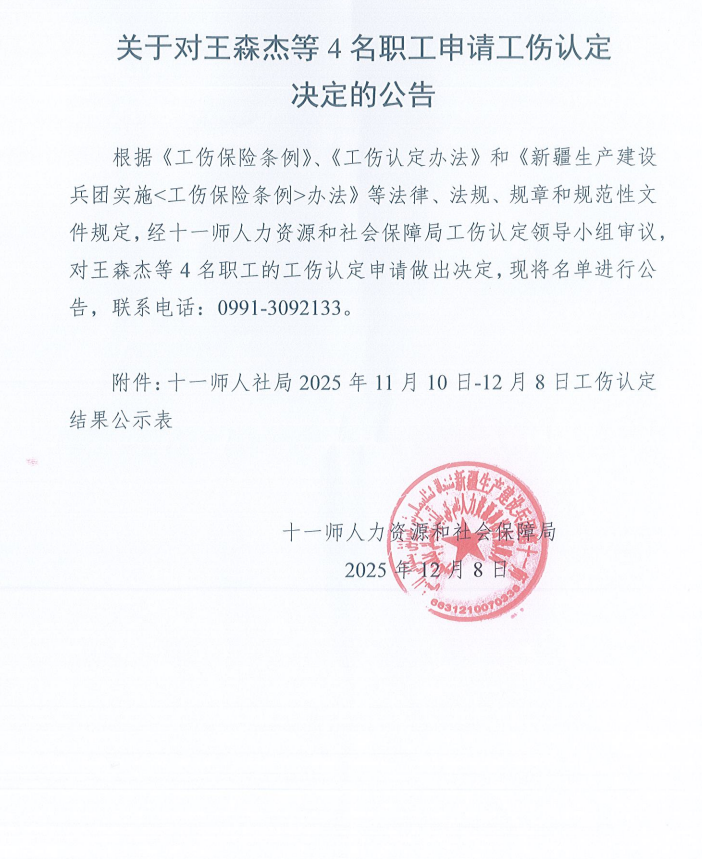 关于对王森杰等4名职工申请工伤认定决定的公告