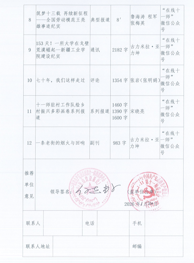 兵团第十一师融媒体中心 拟报送参评第36届新疆新闻奖作品公示